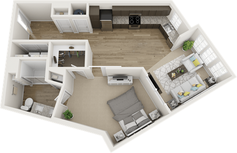 Floor plan for 1 bed, 1 bath, 856 sqft